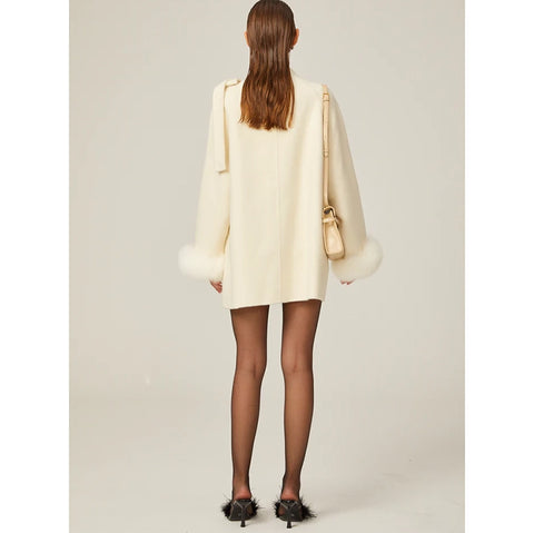 Colette White Wool Fur Bowknot Coat
