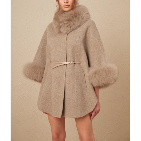 Chloris Wool Fur Belted Cape C oat