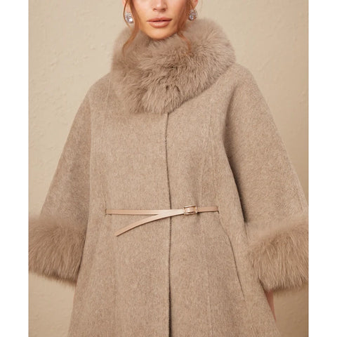Chloris Wool Fur Belted Cape C oat