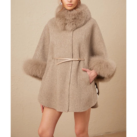 Chloris Wool Fur Belted Cape C oat