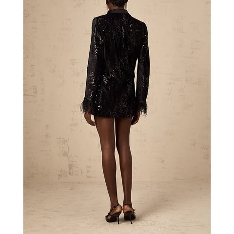 Ariane Black Feather-Trim Sequin-Embellished Blazer