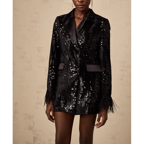 Ariane Black Feather-Trim Sequin-Embellished Blazer