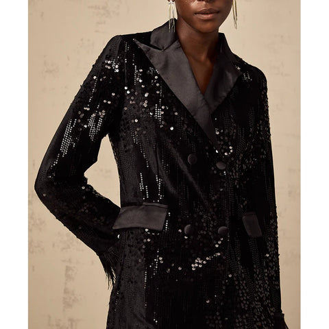 Ariane Black Feather-Trim Sequin-Embellished Blazer