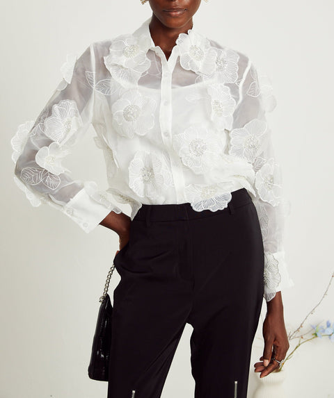 Béatrix white embellished semi-sheer shirt