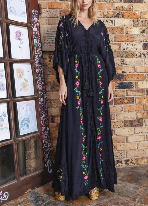 Boho Floral Embroidered Maxi Dress