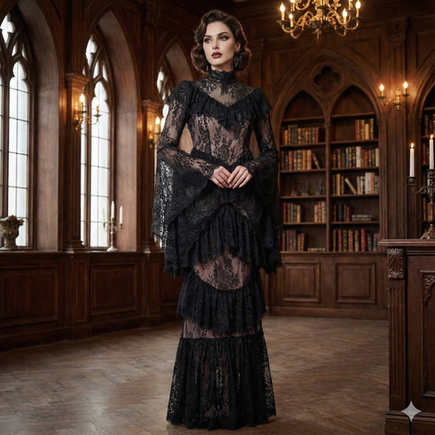 Gothic Black Lace Bell Sleeve Tiered Maxi Dress