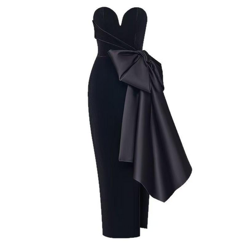 Black Velvet Strapless Gown with Oversized Satin Bow