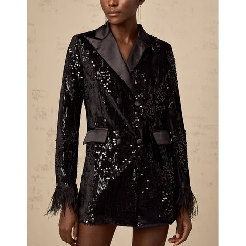 Ariane Black Feather-Trim Sequin-Embellished Blazer