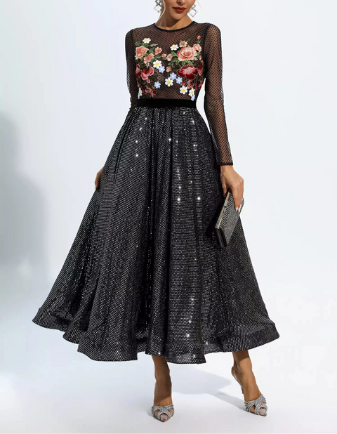 Antonella Black Floral Embroidery Maxi Dress