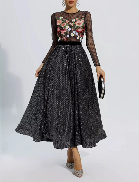 Antonella Black Floral Embroidery Maxi Dress
