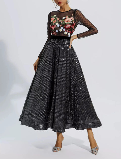 Antonella Black Floral Embroidery Maxi Dress