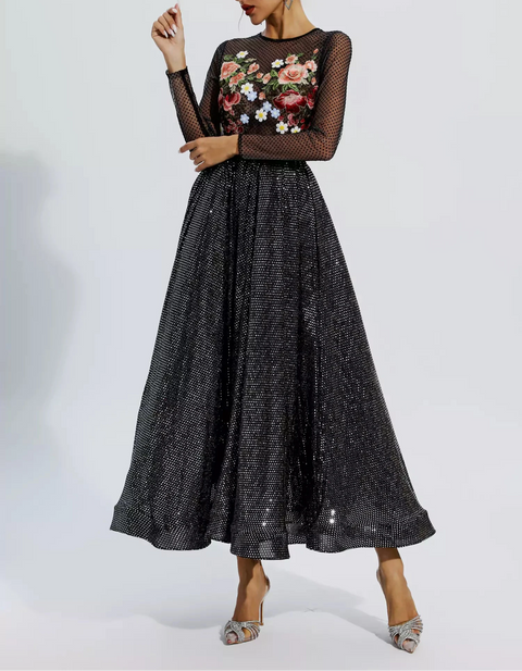 Antonella Black Floral Embroidery Maxi Dress