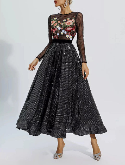 Antonella Black Floral Embroidery Maxi Dress