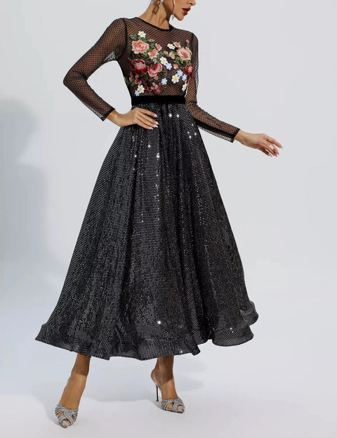 Antonella Black Floral Embroidery Maxi Dress