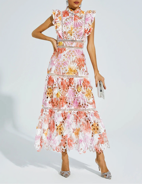 Ayleen Orange Hollow Sleeveless Midi Dress