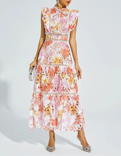 Ayleen Orange Hollow Sleeveless Midi Dress