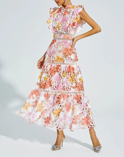 Ayleen Orange Hollow Sleeveless Midi Dress