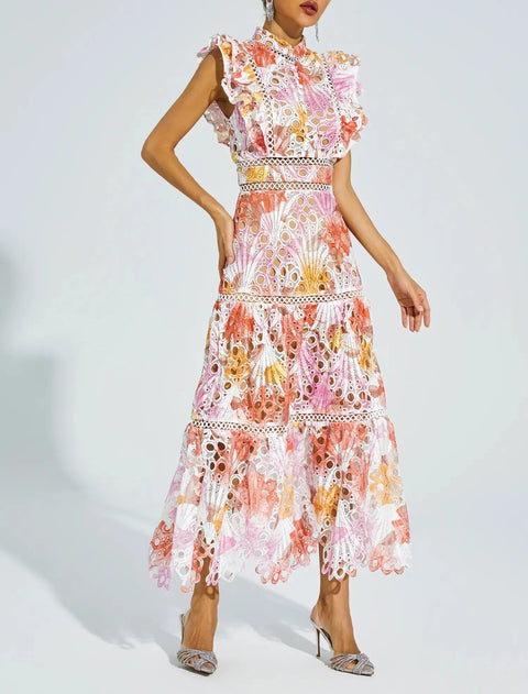 Ayleen Orange Hollow Sleeveless Midi Dress