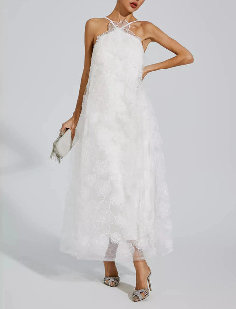 Barbara White Lace Flower Maxi Dress
