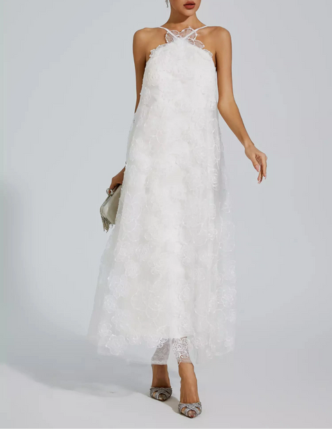 Barbara White Lace Flower Maxi Dress