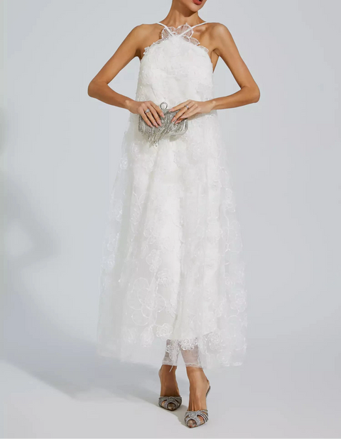 Barbara White Lace Flower Maxi Dress
