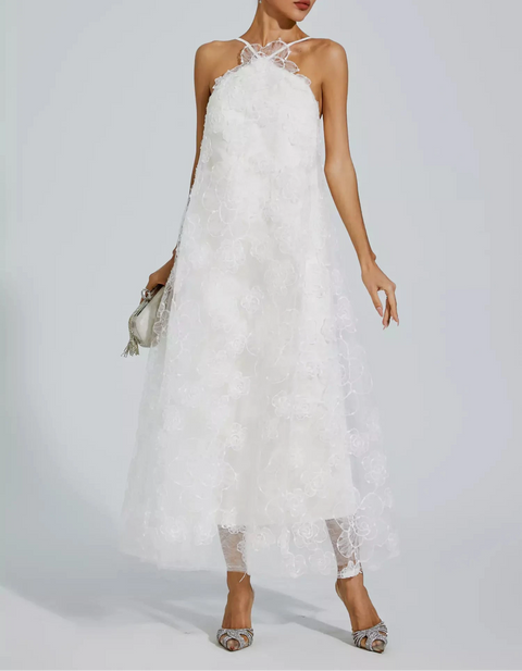 Barbara White Lace Flower Maxi Dress