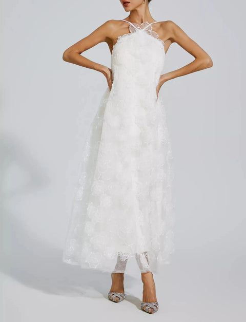 Barbara White Lace Flower Maxi Dress