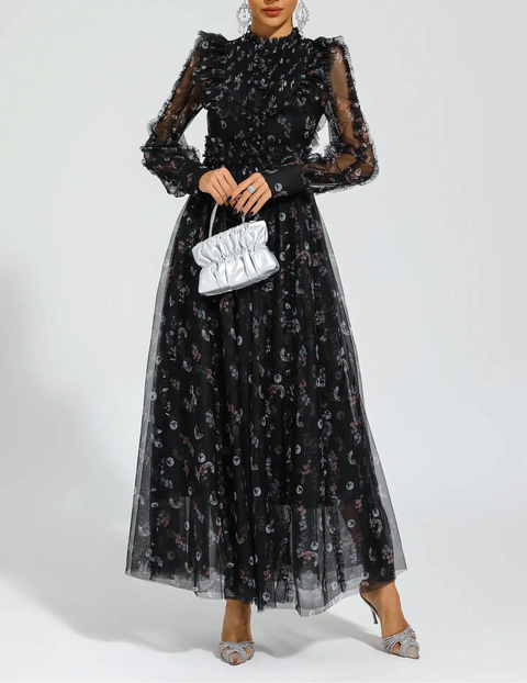 Beryl Black Floral Long Sleeve Dress