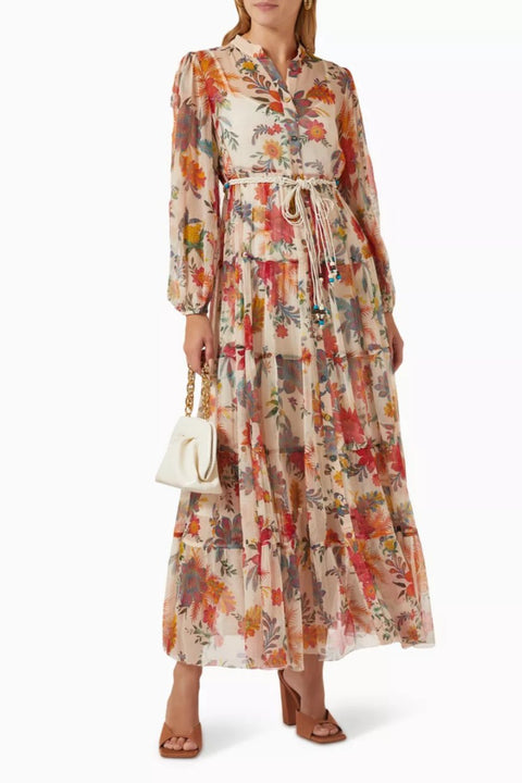 Floral Button Long Sleeve Midi Dress With Belt
