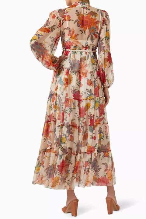 Floral Button Long Sleeve Midi Dress With Belt