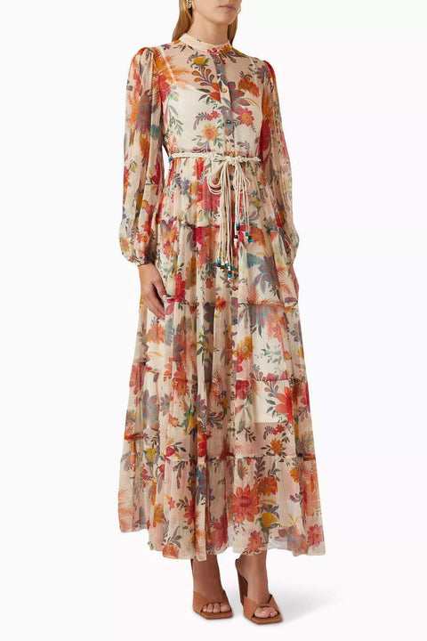 Floral Button Long Sleeve Midi Dress With Belt