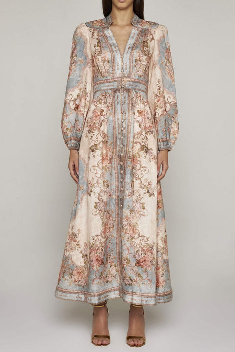 Floral Button Long Sleeve Mixi Dress