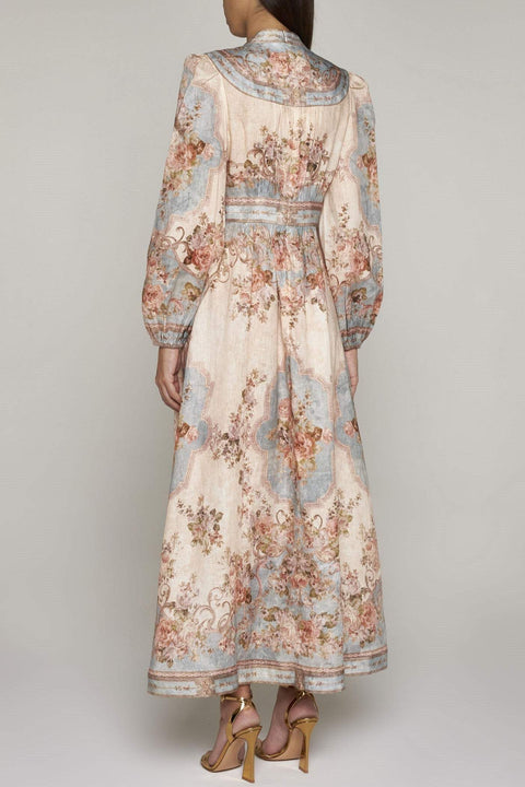 Floral Button Long Sleeve Mixi Dress