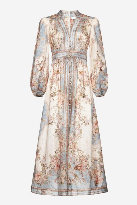 Floral Button Long Sleeve Mixi Dress