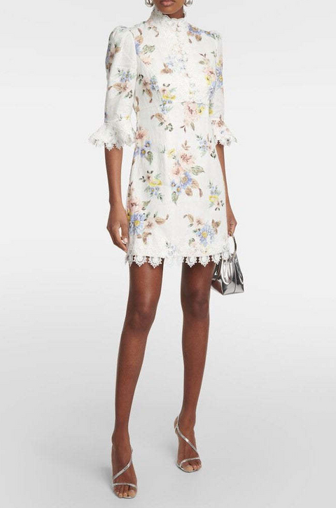 Floral Lace Button Long Sleeve Mini Dress