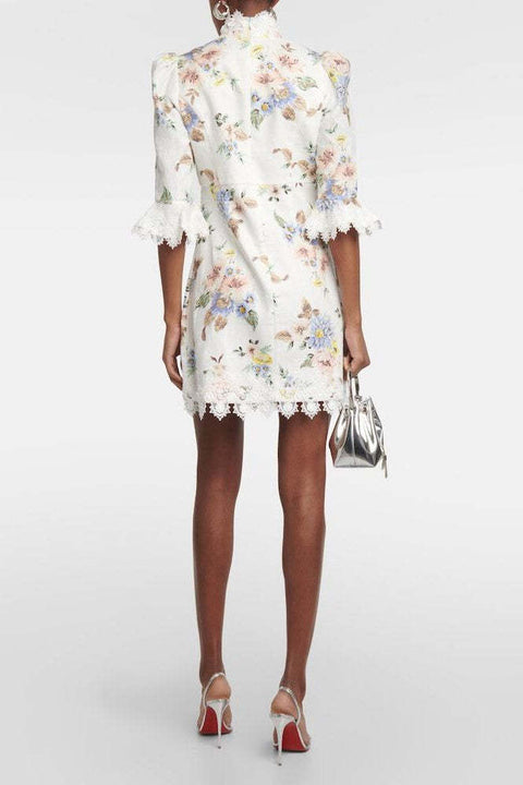 Floral Lace Button Long Sleeve Mini Dress