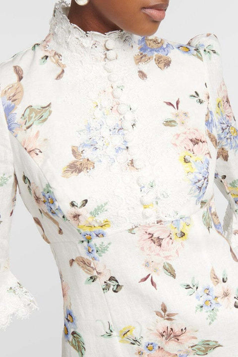 Floral Lace Button Long Sleeve Mini Dress