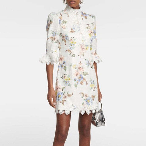 Floral Lace Button Long Sleeve Mini Dress