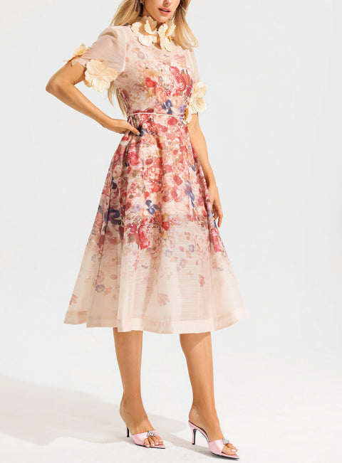 Floral Round Neck Lace Up Short Sleeve Midi Dress