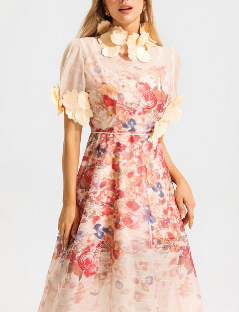 Floral Round Neck Lace Up Short Sleeve Midi Dress