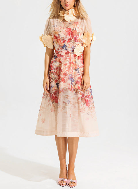 Floral Round Neck Lace Up Short Sleeve Midi Dress