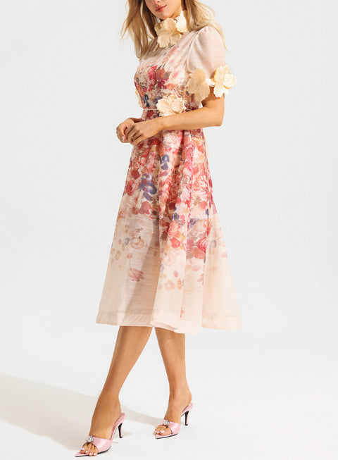 Floral Round Neck Lace Up Short Sleeve Midi Dress