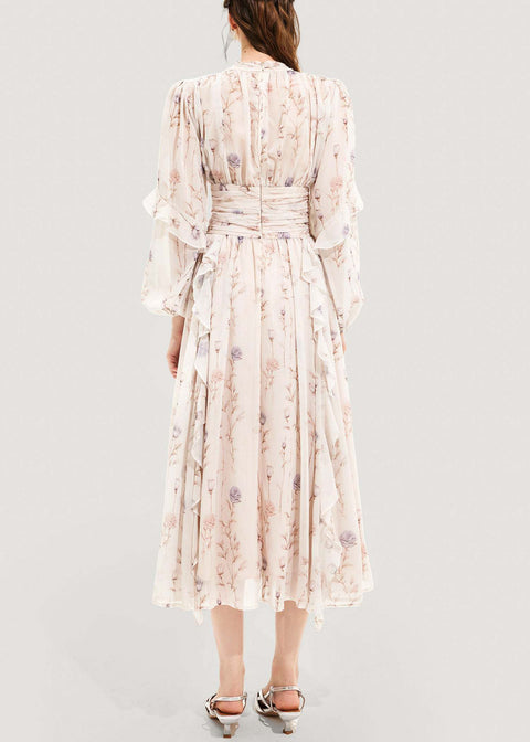 Floral Round Neck Puff Sleeve Midi Dress