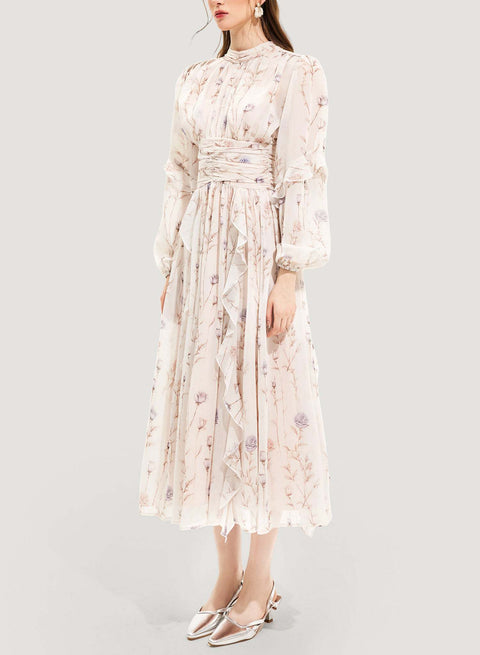 Floral Round Neck Puff Sleeve Midi Dress