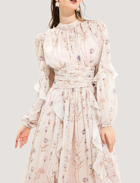 Floral Round Neck Puff Sleeve Midi Dress