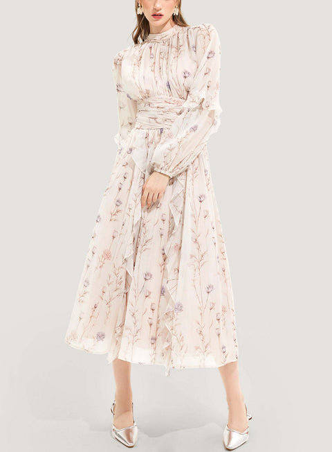 Floral Round Neck Puff Sleeve Midi Dress