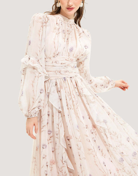 Floral Round Neck Puff Sleeve Midi Dress