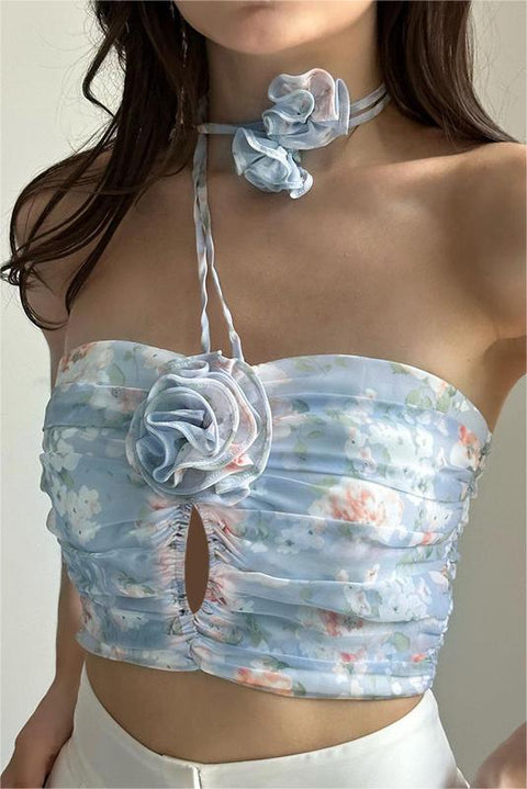 Floral Halter Neck Backless Top