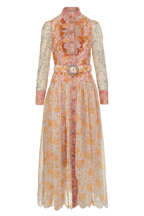 Floral Splicing Long Sleeve Midi Dress With Belt