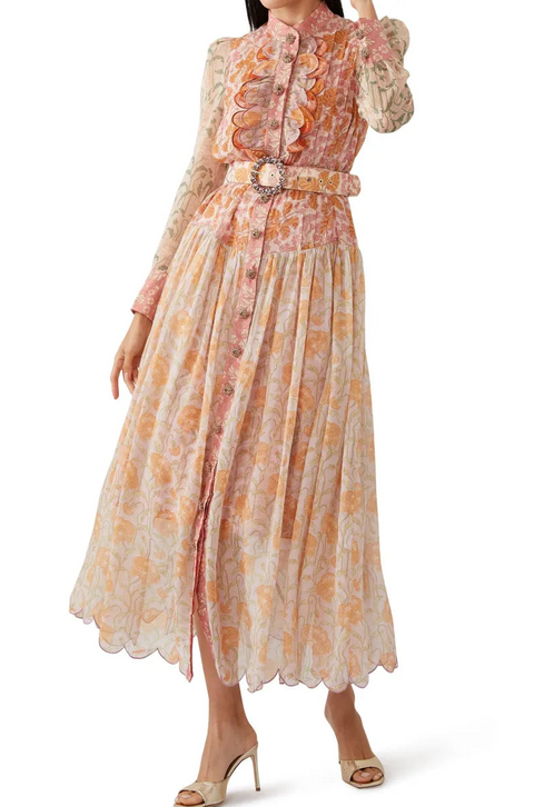 Floral Splicing Long Sleeve Midi Dress With Belt